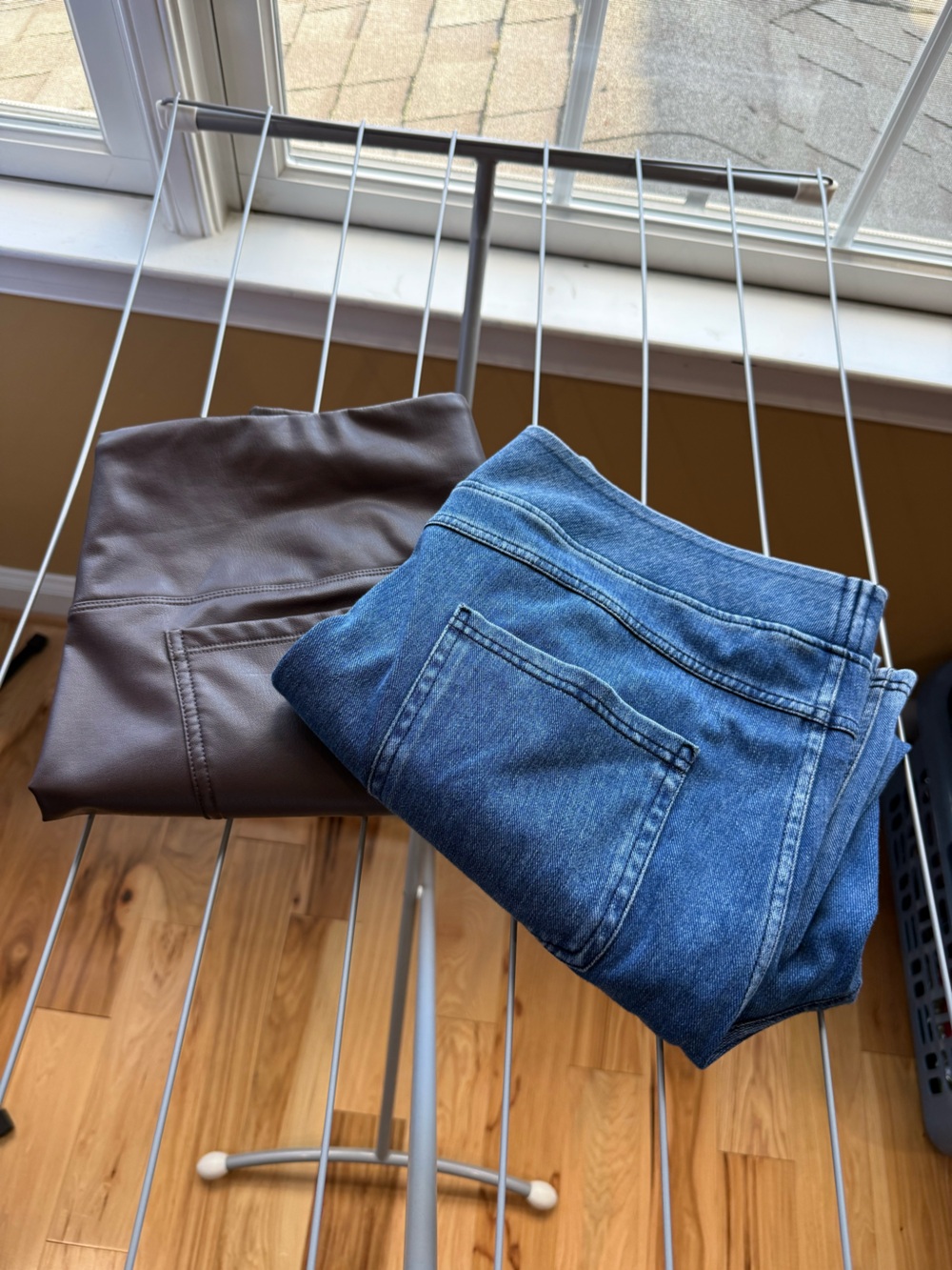 HALARA Brown Faux-Leather Leggings and Blue Denim leggings